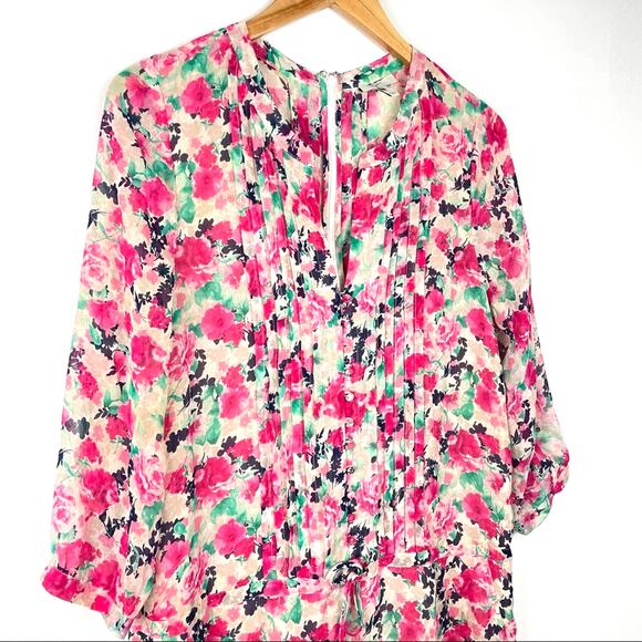 Joie | Silk Romper Floral Shorts Small Pink Cream Green - Picture 6 of 12